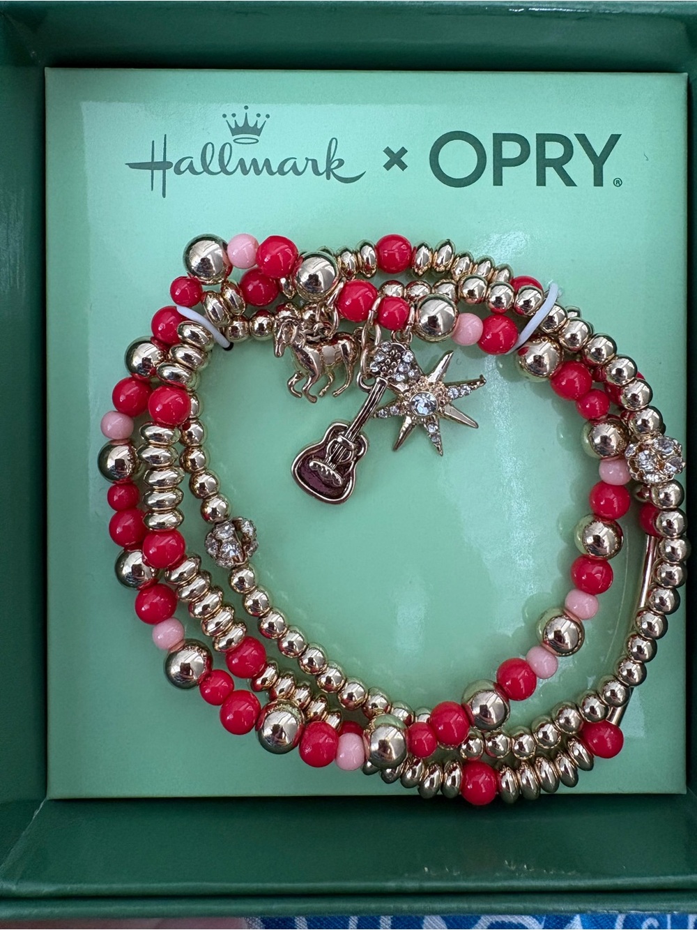 NWT Hallmark x Opry Pink Red Beaded Charm Bracelet Set of 3